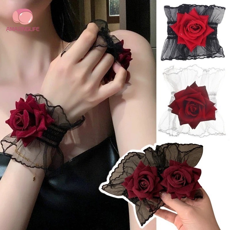 2 ชิ้น Gothic Lace Red Rose สายรัดข้อมือ-ผู้หญิงสาวหวานดอกไม้ตาข่ายเครื่องประดับมือ- Ruffle ลูกไม้สายรัดข้อมืออุปกรณ์เสริม