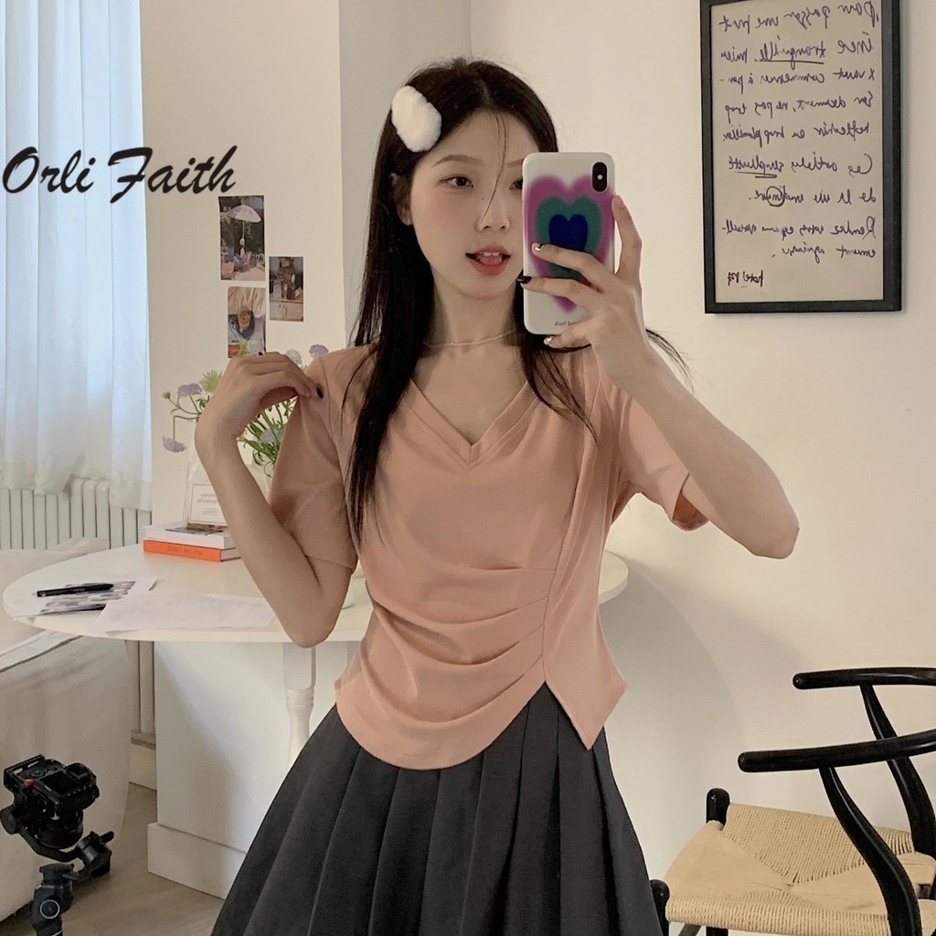 Orlifaith เสื้อยืดลําลอง คอวี แขนสั้น สีพื้น พลัสไซซ์ แฟชั่นสําหรับสตรี ไซซ์ M-3XL