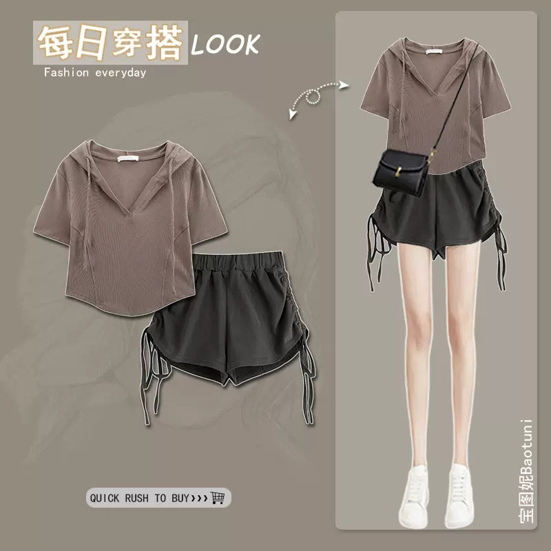 Bargain for New ProductschicTop Sweet and Spicy Suit Pants Summer Set Matching Women's Clothing2024Hot Girl Hooded Short SleeveTT-shirt Two-Piece Set