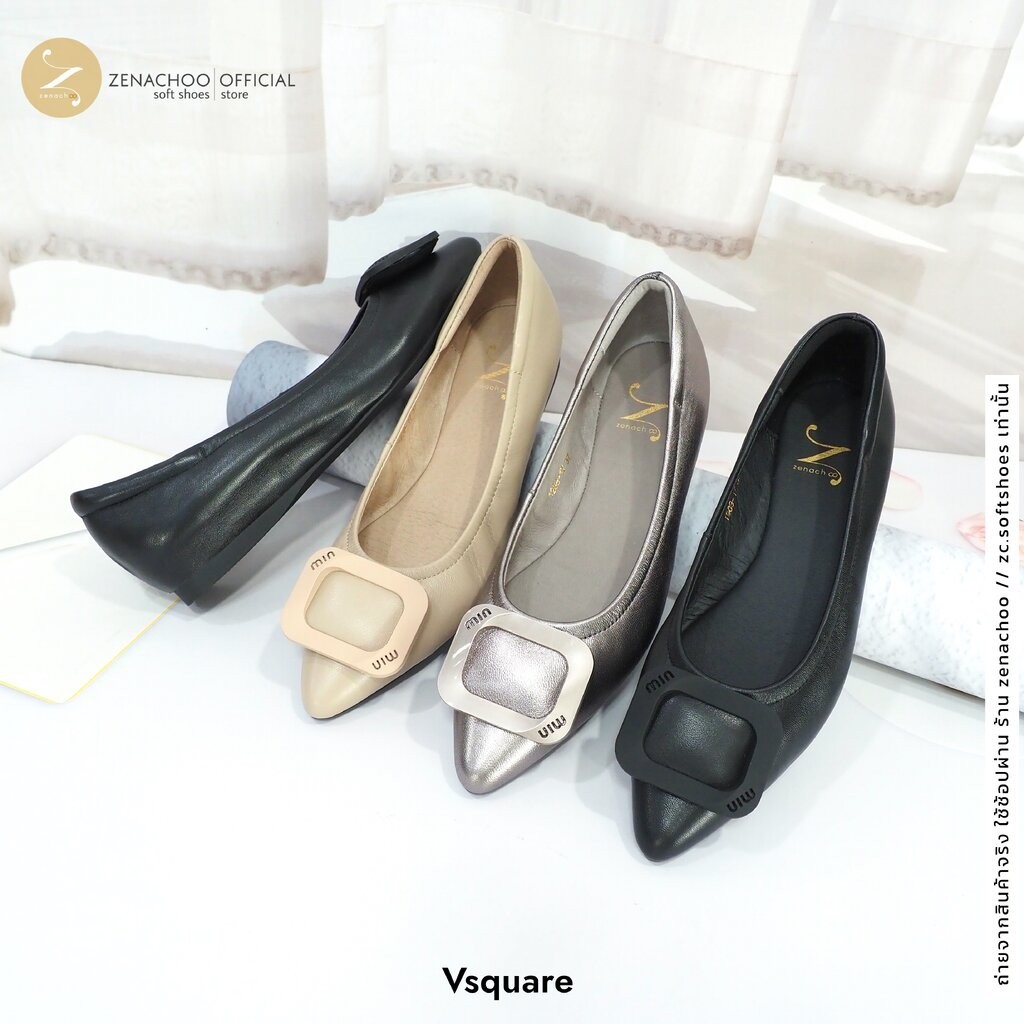 ทรงปกติ เปลี่ยนไซส์ได้-ไม่รับคืน Zenachoo รุ่น Vsquare สูง 1นิ้ว รองเท้าหนังแกะแท้ หนังนิ่ม พื้นนุ่ม