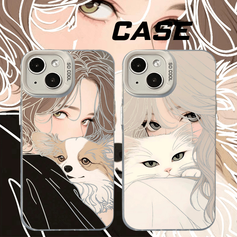 Little Cat Dog Girl Matte สีสันเงินเหมาะสําหรับ iPhone 16 Pro Max 15 14 13 12 11 xs xr 7/8 เคสโทรศัพท์ป้องกันกรณีกันกระแทก