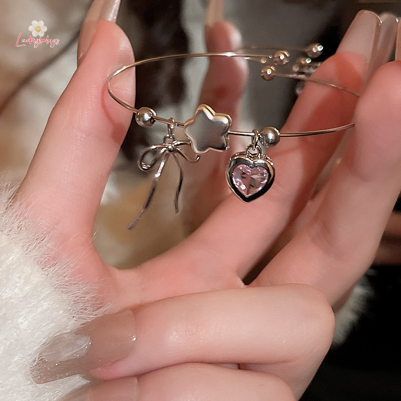 Luckybabys>แฟชั่นคริสตัลสีชมพูzirconหัวใจbowknot Starจี้สร้อยข้อมือผู้หญิงสาวSimple Aesthetic Y2Kเครื่องประดับของขวัญวันเกิดใหม่