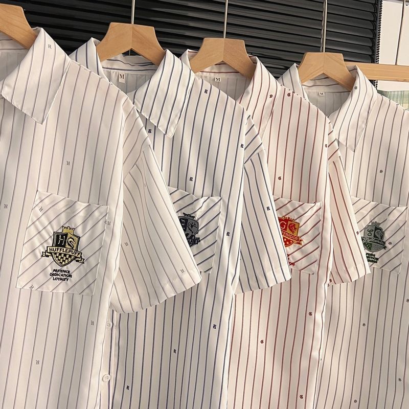 Preppy สไตล์ jk แขนสั้น Harry Potter เสื้อคอปกลําลองโปโล Slimmer ดูเสื้อหลวมสไตล์ร่วมสด NCBH