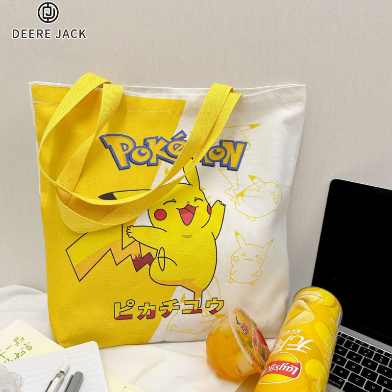 Deere Jack กระเป ๋ าถือผู ้ หญิง Pikachu นักเรียนกวดวิชากระเป ๋ าสะพายไหล ่ ผ ้ าใบ