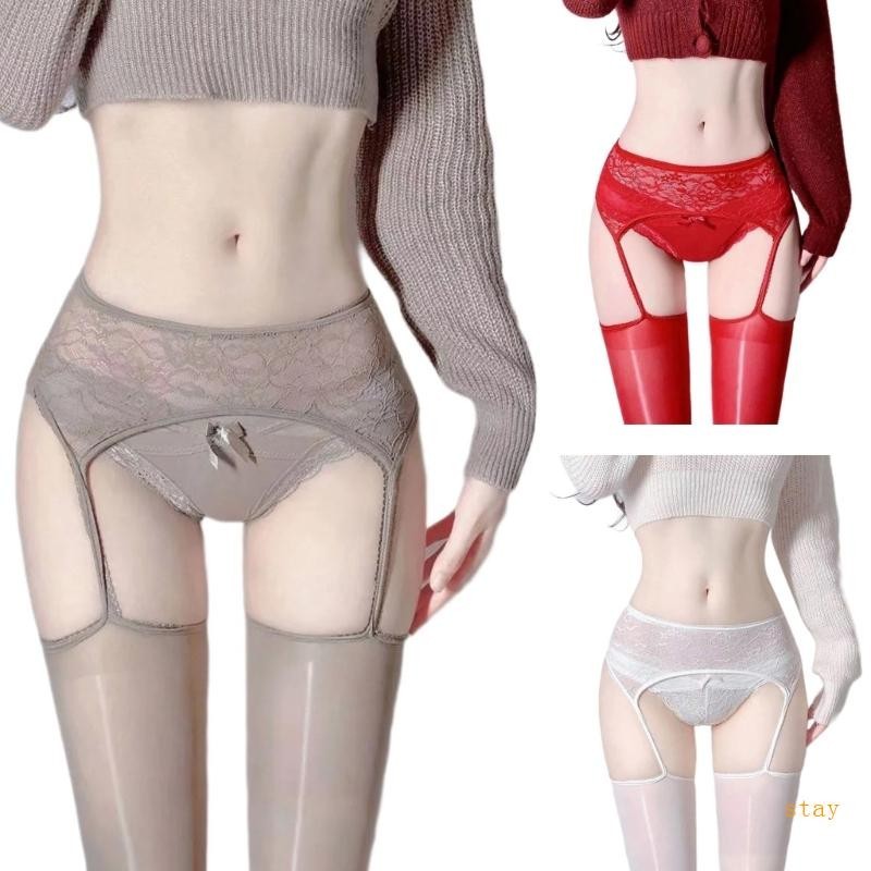 Stay Womens Suspender Tights ลูกไม้ Garter เข็มขัดน้ํามันต้นขาถุงน่องเปิดเป้าดูผ่าน Pantyhose ชุดชั้นใน