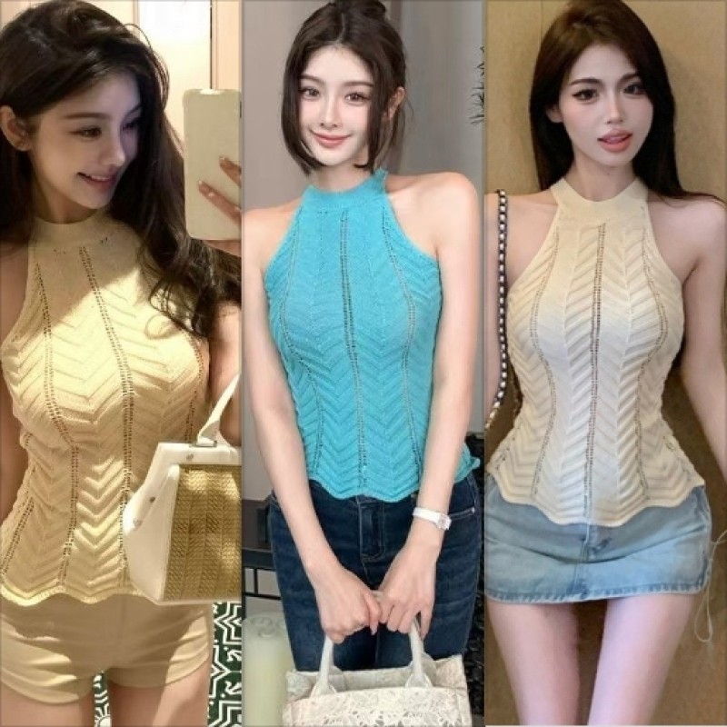 ถัก Camisole ผู ้ หญิงฤดูร ้ อน Halter คอ Hollow Out Slim ปิดไหล ่ เซ ็ กซี ่ Tank Top