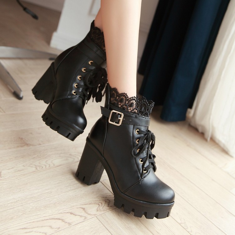 33-43 ขนาดลูกไม้นักเรียน Martin Boots ส้นหนาสีทึบหนา Soled Lolita Laced-Up All-Match เซ็กซี่รองเท้าสั้นผู้หญิง