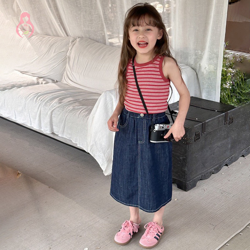 [MMBB] พร้อมส่ง เสื้อยืดเเขนกุดเด็กผู้หญิง เสื้อยืดเด็กผู้หญิง ใส่สบาย ผ้านุ่ม ระบายไม่ร้อนลายทาง OHG