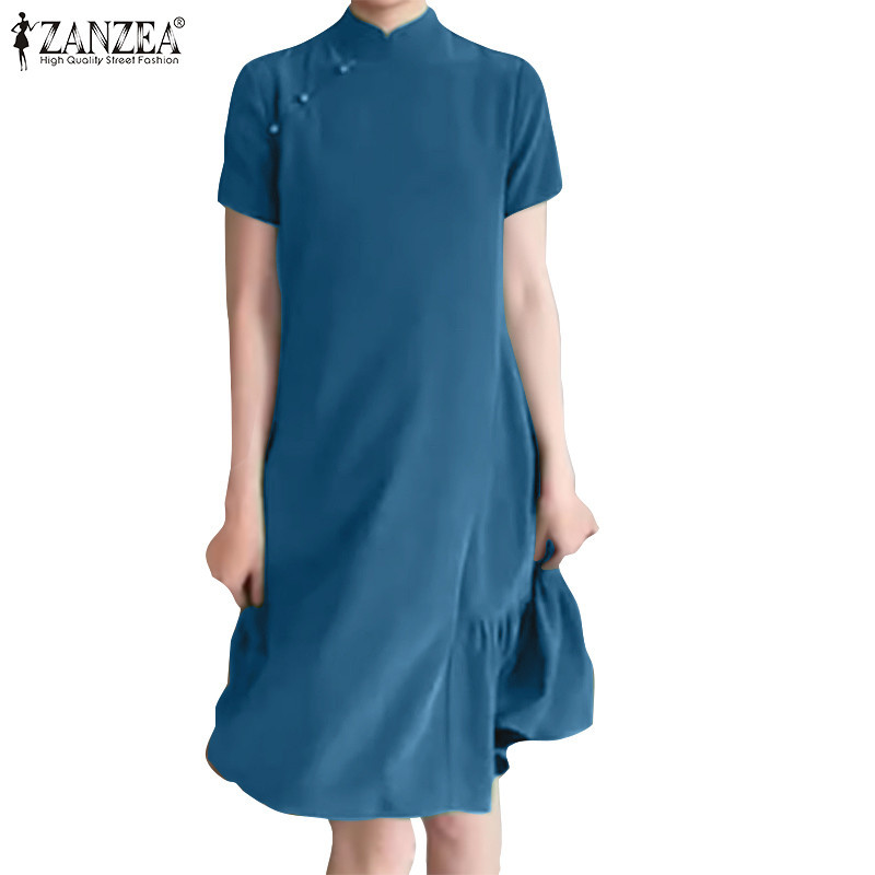 Zanzea ผู ้ หญิงเกาหลี Stand-Up Collar แขนสั ้ น Slash ปิดไม ่ มีกระเป ๋ าชุด