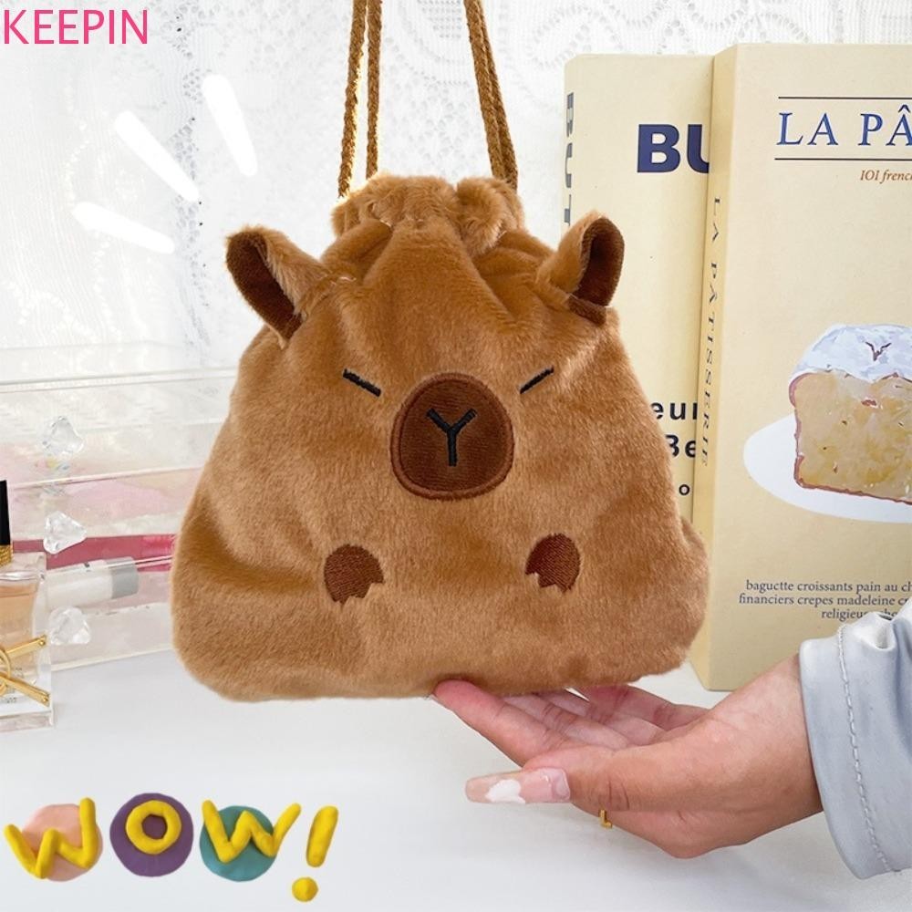 Keepin Capybara Plush Pocket, สัตว์ความจุขนาดใหญ่ Capybara Drawstring Bag, ตุ๊กตาน่ารักน่ารักกระเป๋าเครื่องเขียนกระเป๋าเก็บการ์ตูนนักเรียน