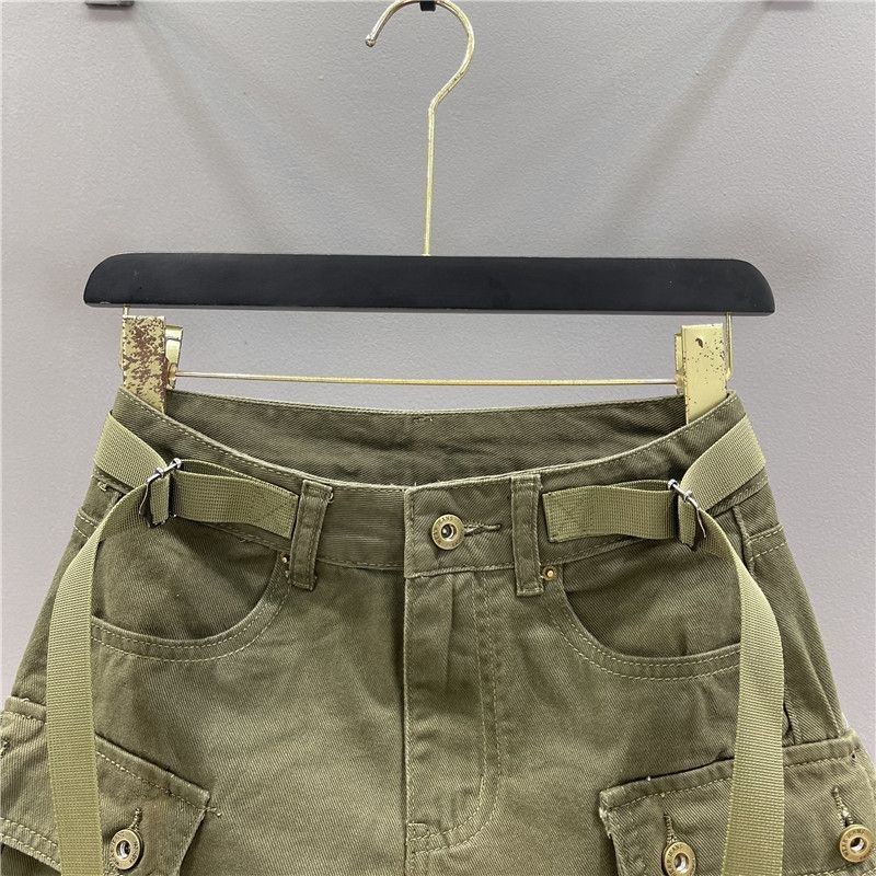 ทหารสีเขียว workwear กระโปรงยีนส์สั้นสำหรับผู้หญิงฤดูร้อนใหม่ป้องกันการสัมผัสเอวสูง A-Line กระโปรงคลุมสะโพก