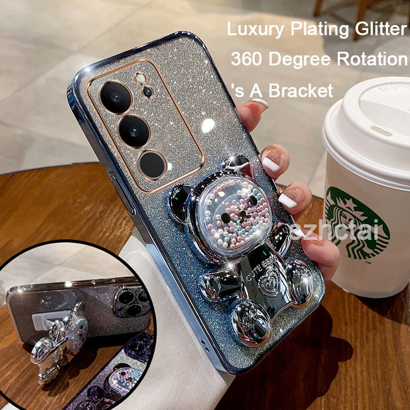แฟชั่นglitterชุบเคสโทรศัพท์สําหรับvivo V29 5G V30 5G V29E V27 5G V27E V25 V25E V23 5G V21 5G V19 ฝาครอบโปร่งใสกรณีเชลล์หมุนได้ 360 องศาวงเล็บ
