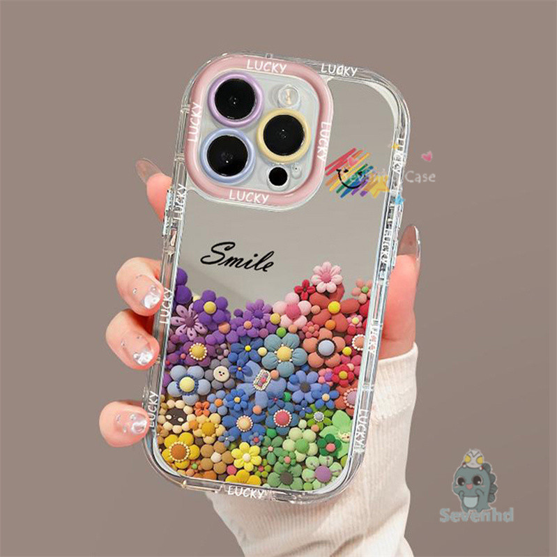 Ins Original สําหรับ iPhone 6 7 8 Plus iPhone 11 13 12 14 15 Pro Max X XR Xs Max เคสโทรศัพท์ครีมกระจกGlossyปลอกน่ารักมินิดอกไม้ซิลิโคนป้องกันปกอ่อน
