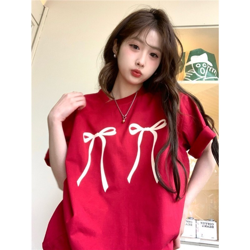 COD (กรุงเทพจัดส่งสินค้า)BOOM Shop พิมพ์โบว์ เสื้อยืดวินเทจ สตรีท oversized เสื้อโอเวอร์ไซส์เกาหลีผู้หญิง #4415RD