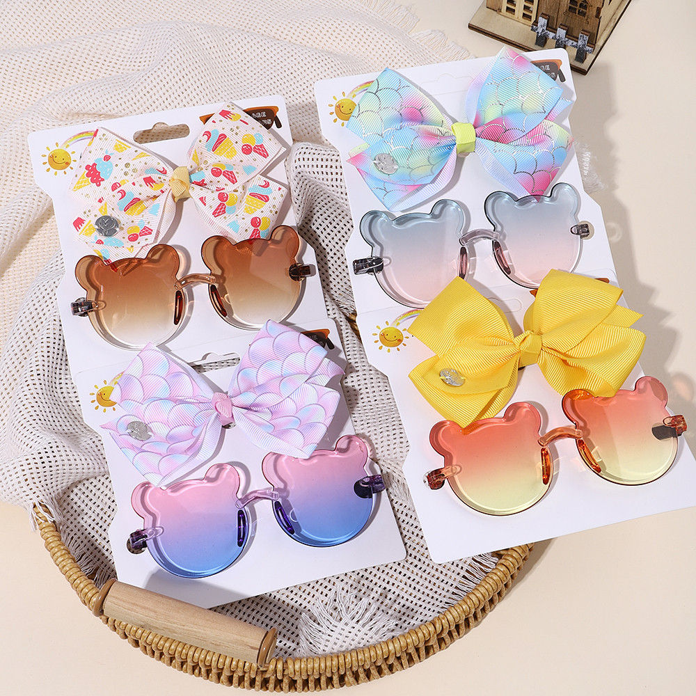 2ชิ้น/เซ็ตการ์ตูนกุทัณฑ์กิ๊บแว่นตาชุด4.5"โบว์ใหญ่สําหรับเด็กแฟชั่นอุปกรณ์ผมแว่นตาหมีน้อย