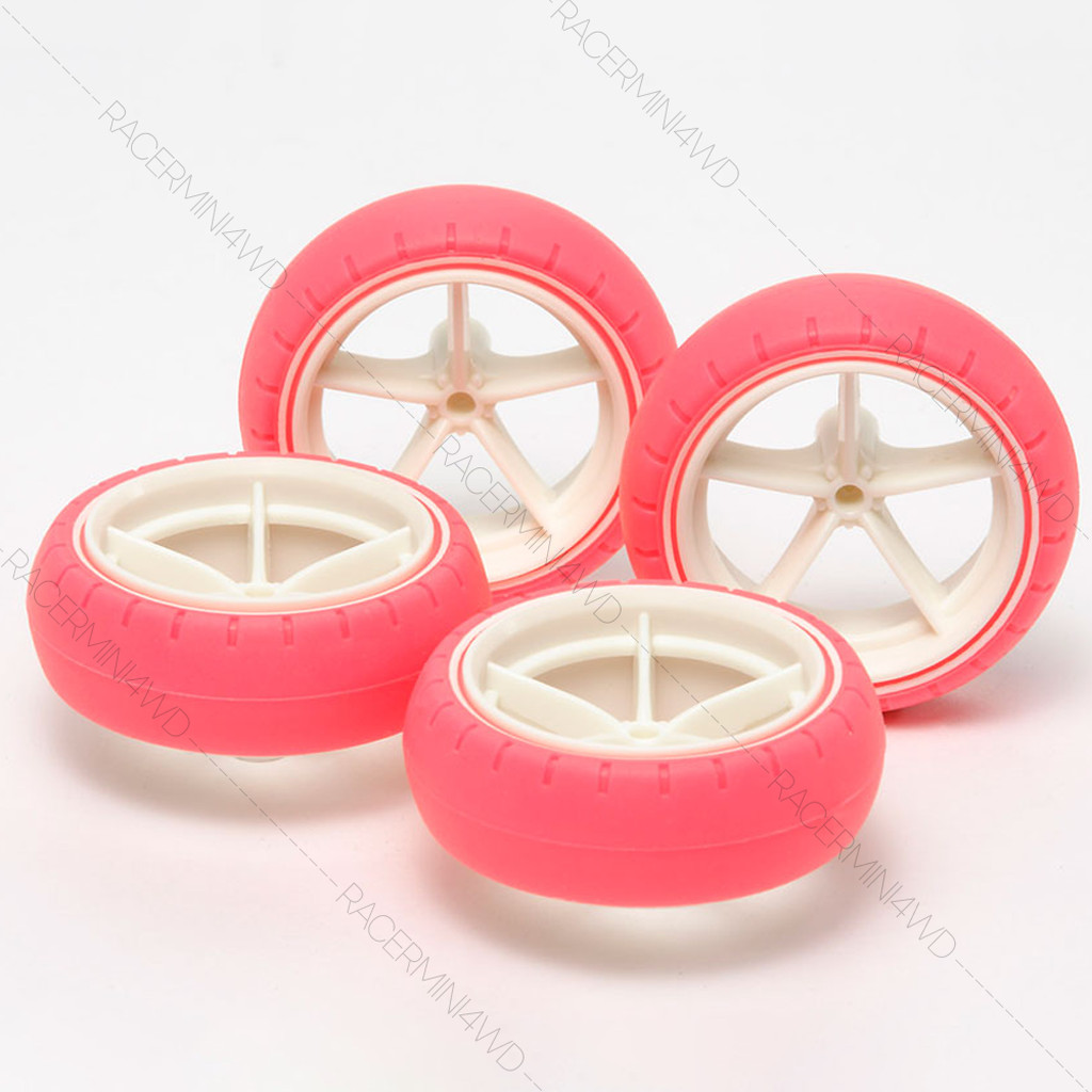 TAMIYA 95460 Large Dia. Narrow Reinforced. Wheels & Arched Tires (Fluorescent Pink) ชุดแต่งมินิโฟร์วีลทามิย่าแท้