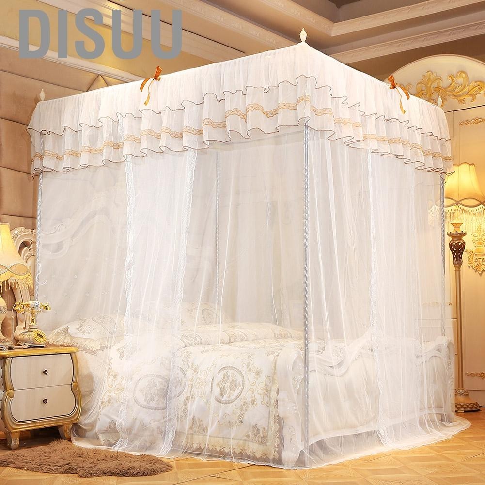 Disuu Elegant Canopy เตียงผ้าม่านหรูหราเจ้าหญิงสี่มุมโพสต์ผ้าม่านตาข่ายมุ้งกันยุงผ้าปูที่นอน