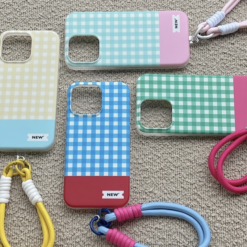 เคสแข ็ งพร ้ อมเชือกแขวนเย ็ บปะติดปะต ่ อกันและสีตารางสําหรับ iPhone 12 13 14 15 Pro Max สําหรับเคส iPhone13
