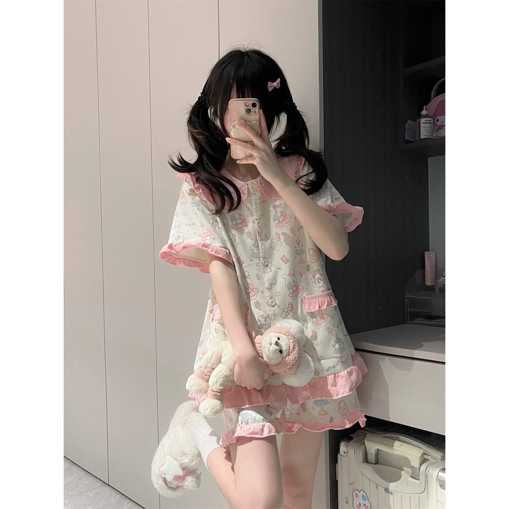 หวาน กระต่าย ชุดนอนดูสูงสําหรับผู้หญิงฤดูร้อนแขนสั้นสไตล์เจ้าหญิงชุดหอพักนักเรียนชุดใส่ในบ้านสวมใส่ด้านนอก