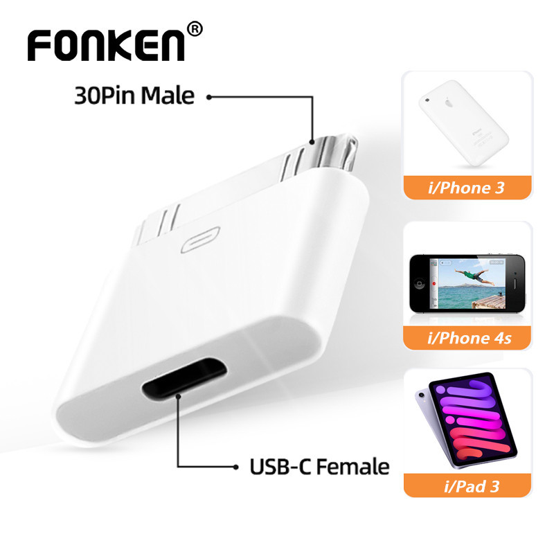Fonken USB C ถึง 30Pin อะแดปเตอร์ Type-C หญิง 30 Pin ชายชาร์จ Sync Converter สําหรับ iPh 4/4S Pad 2 3 Pod