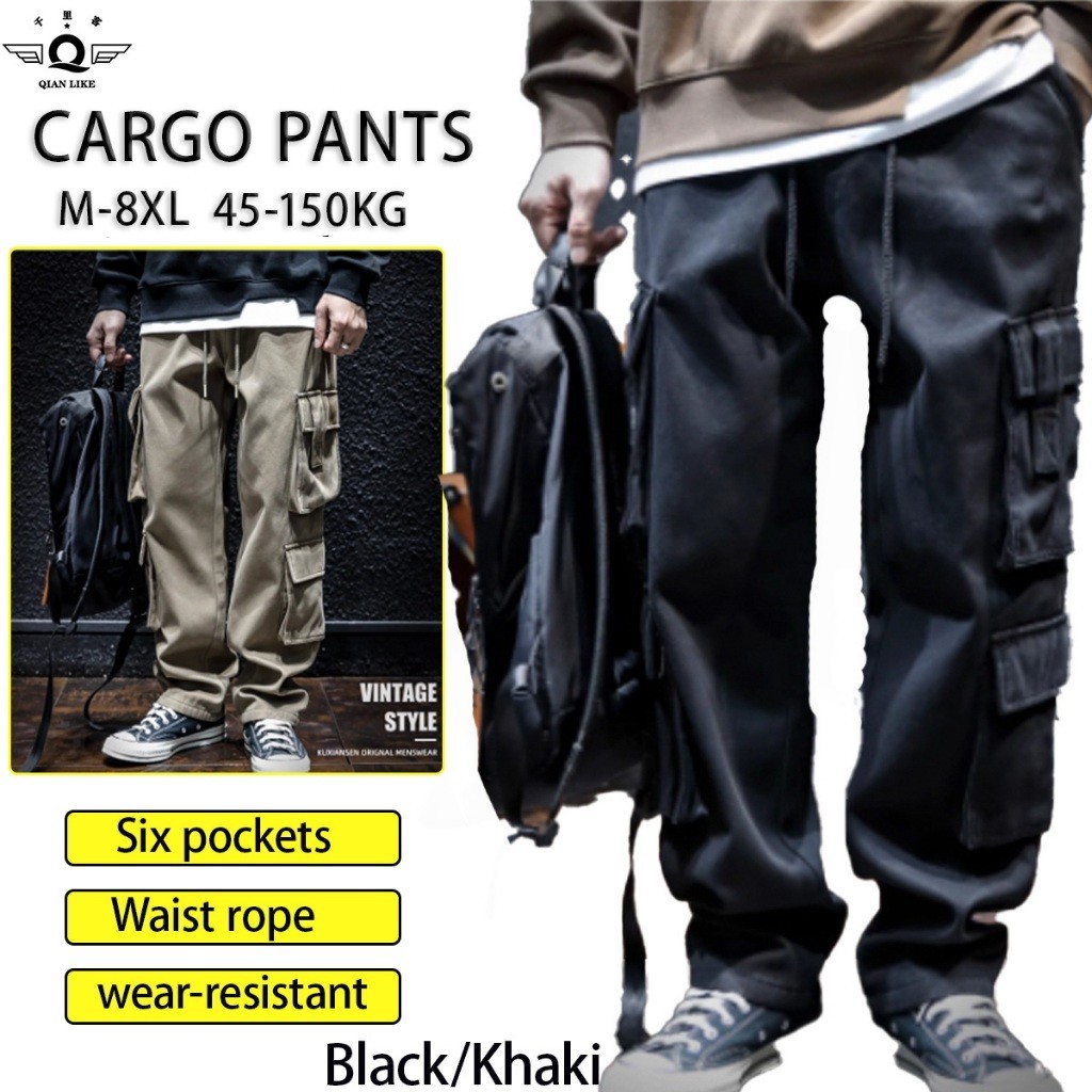 【M-8XL】ขนาดบวกญี่ปุ่นย้อนยุคกางเกงทํางานผู้ชายขนาดหลวมบวกไขมันกางเกงอินเทรนด์หลายกระเป๋ากางเกงลําลอง