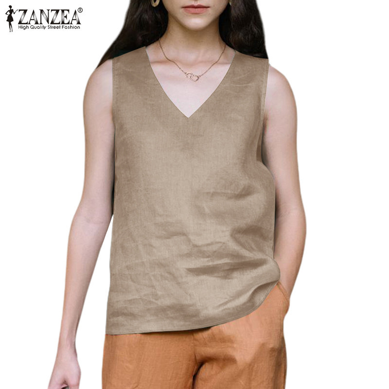ZANZEA ซานเซีย ผู้หญิงวินเทจลําลองคอวีแขนกุดวันหยุดถังสีทึบ