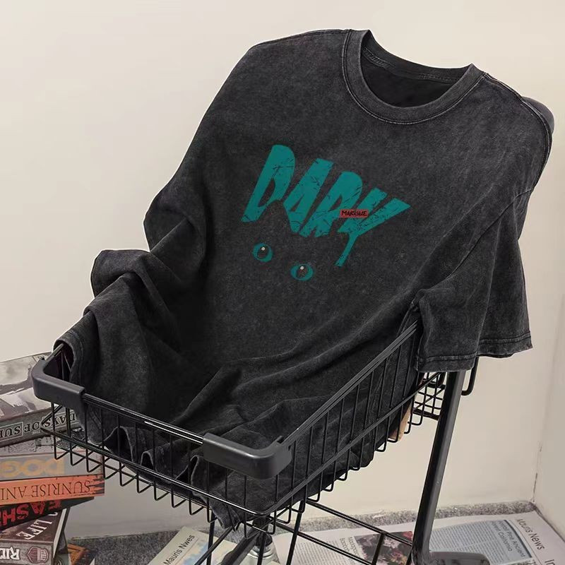 （จัดส่งตลอด 24 ชั่วโมง）HY trendy menswear เสื้อยืดฟอก oversize เสื้อยืดชายเท่ๆ ด้านบนคอกลมผ้าฝ้ายแฟชั่นสีดำ T1250