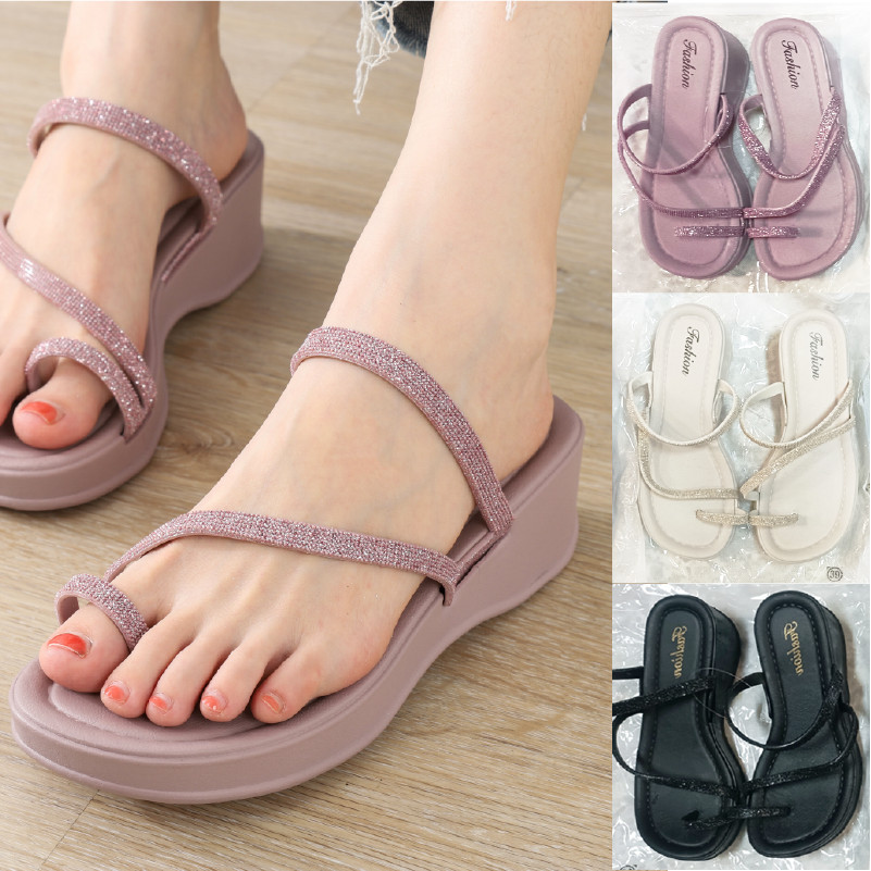 Ann.Fashion รองเท้าผู้หญิง รองเท้าแบบสวมพื้นสูง สายแต่งเพชรวิ้งๆ สีพื้นเรียบๆ ใส่ได้กับทุกลุค #sy161
