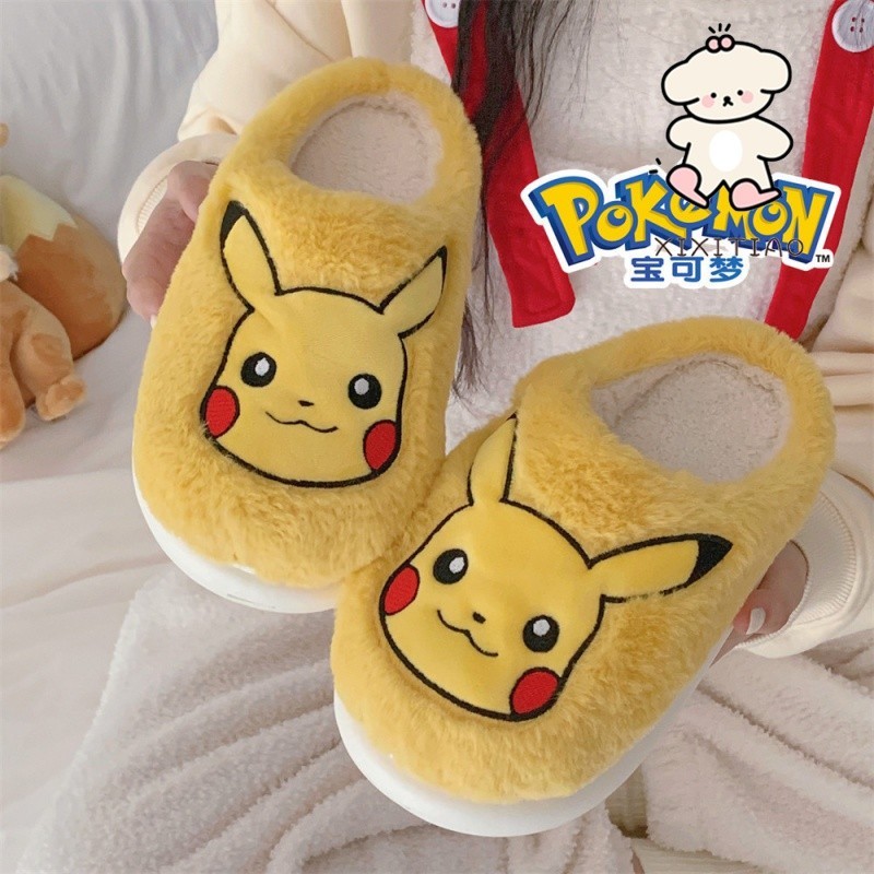 Xitiao รองเท้าแตะผ้าฝ้ายแฟชั่น Casual Home Pokémon Pikachu ขนแกะผู้หญิงที่อบอุ่น