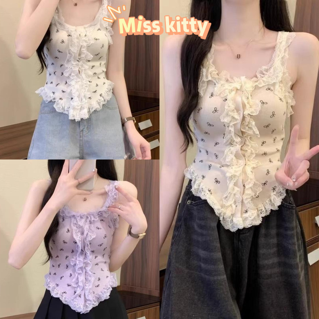 Miss Kitty พร้อมส่ง เสื้อกล้ามไหมพรม น่ารักมาก ดีเทลลวดลายโบว์ทั้งตัว รอบลูกไม้ "95149-1"
