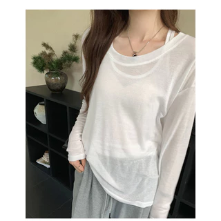 Suxi Minimalist Halter 2 ชิ้นชุดเสื้อยืดแขนยาวครีมกันแดดเสื้อหลวม 240703