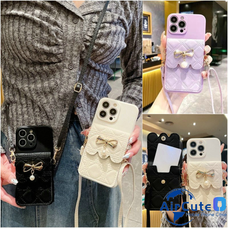 เคส For Xiaomi Redmi Note 14 13 12 11 11S 10 10S 9 9S 8 7 Pro+ Plus 4G 5G Redmi 14C 13 13C 12 12C 10 10C 10A 9 9A 9T 9C A1 A2 A2+ A3 Plus Note14 Note13 5G Protect Camera 3D Metal Bow Pearl Pendant Flip Card Wallet Change Purse Soft Case + Lanyard