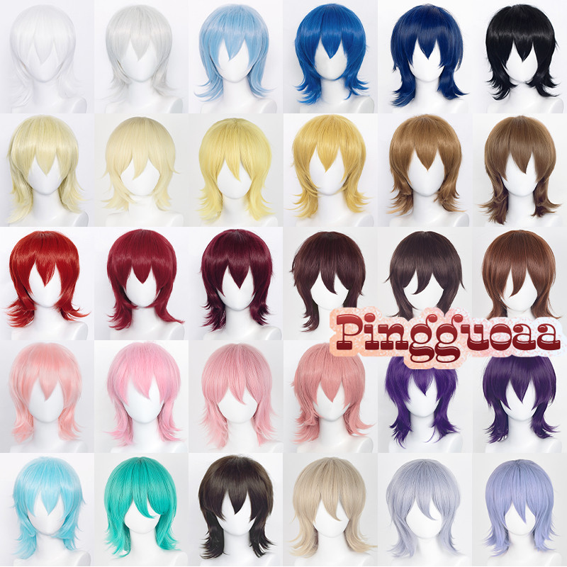 💝 【Manmei】37cm Unisex Cosplay Wigs Universal Cos Extend Upturned Short Hair Practice Hand Heat Resistant Synthetic Hair