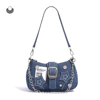 N2hao Túi xách nữ vải denim ngôi sao, kiểu nách Y2K, dây xích nhỏ, túi tote