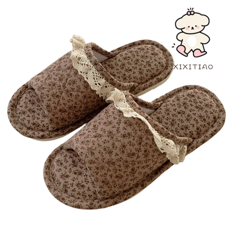 Xitiao Casual ในร่มลูกไม้ Trim สุภาพสตรีผ้าฝ้ายผ้าลินินรองเท้าแตะบ้าน Four Seasons Retro ดอกไม้