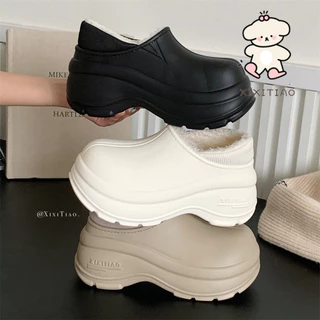 ฉี่เตียว ที่เรียบง่ายซับขนแกะที่อบอุ่นรองเท้าหิมะกันน้ําสุภาพสตรีกลางแจ้งสบายสีทึบรองเท้าผ้าฝ้าย