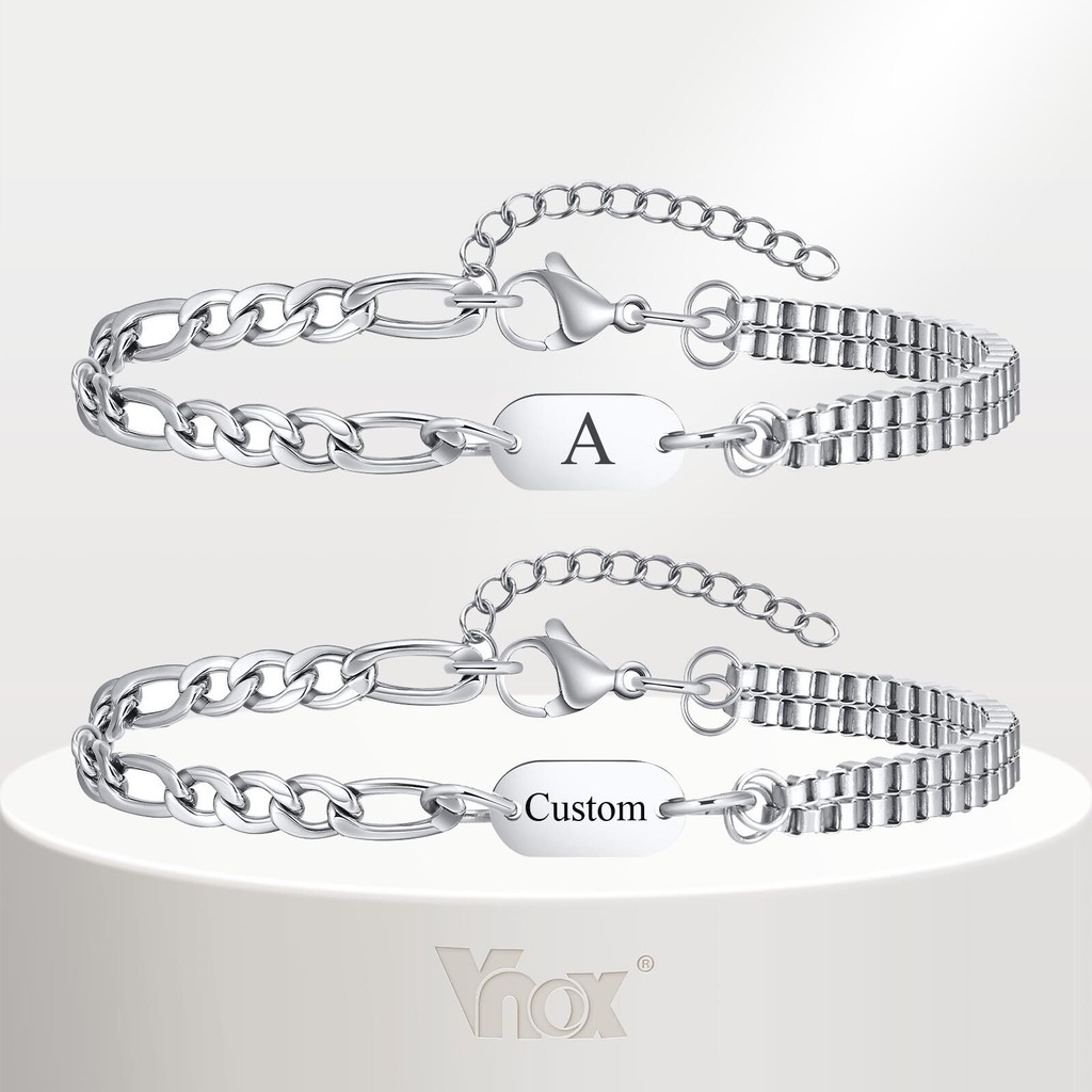 Vnox Simple Personlized Initial AZ Chain Bracelet for Men, Stainless Steel Personal Bracelet for Him