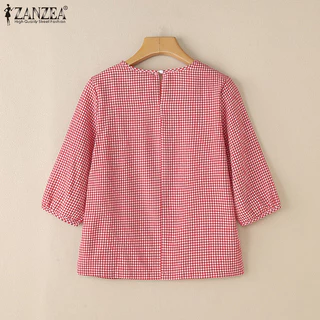 ZANZEA ซานเซีย ผู้หญิงเกาหลีวินเทจคอกลม3/4แขนโคมไฟเสื้อลายสก๊อต