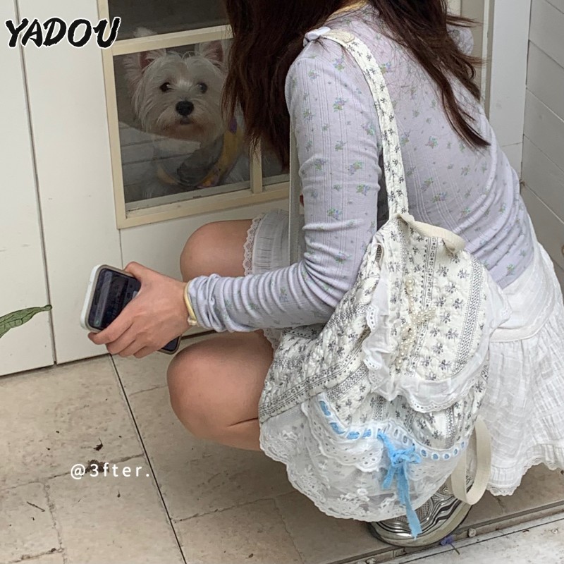 YADOU ดอกไม้ลูกไม้เย็บนัวเนียโบว์อเนกประสงค์ความจุขนาดใหญ่กระเป๋าเป้สะพายหลัง
