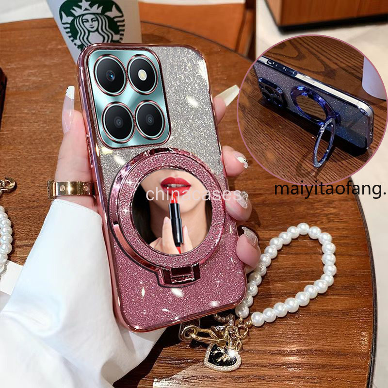 เคสสําหรับ Honor X6A X7A X8A X7C วงเล็บแม่เหล็กหรูหรา TPU แฟลชนุ่มกระจกแต่งหน้า + สร้อยข้อมือเคสโทรศัพท์