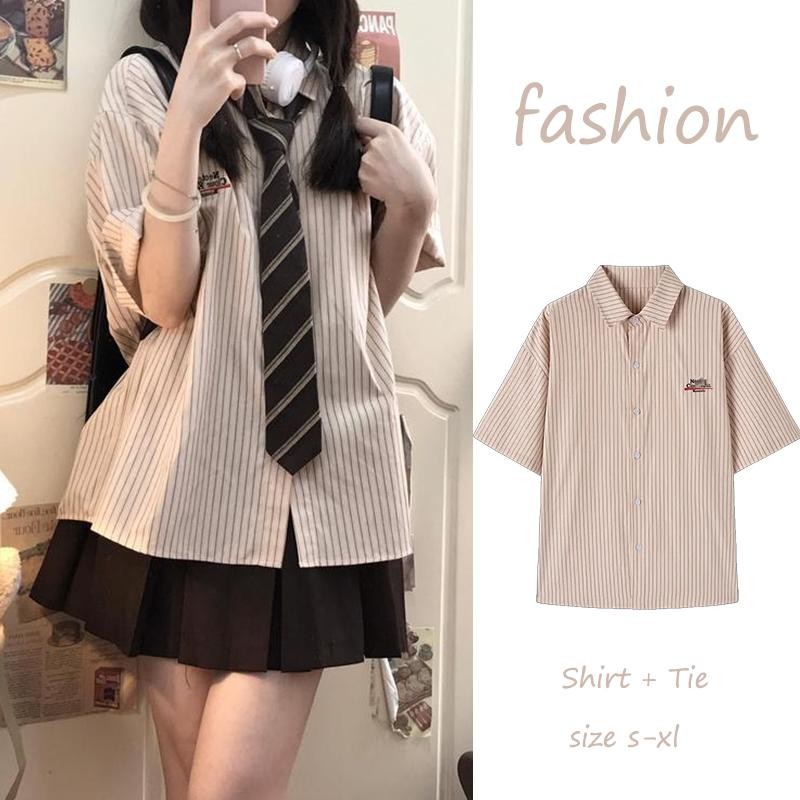 mimi&didi#เสื้อเชิ้ตลายทางวินเทจแขนสั้นลำลอง พร้อมเนคไท JK ฤดูร้อน ทรงหลวม สไตล์วิทยาลัย แฟชั่น สำหรับผู้หญิง#W560