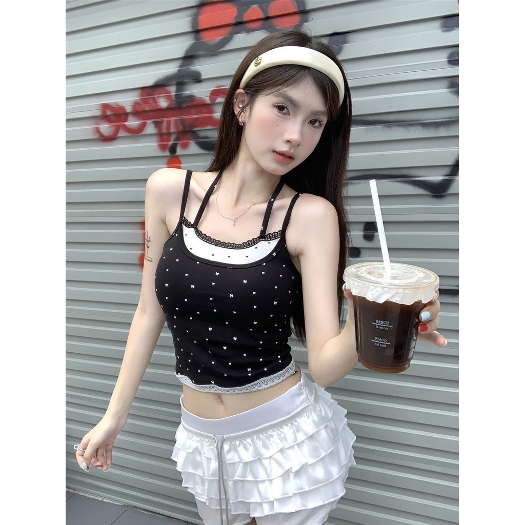 CL เสื้อสายเดี่ยว 2 ชั้น ลายโบว์ เสริมฟองน้ำ เสื้อกล้ามผูกคอ สไตล์เวียดนาม น่ารัก เซ็กซี่ ใส่เล่นน้ำ