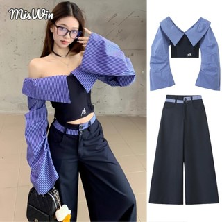 Miswin 2 Pc Women's Set Off Shoulder Striped Patchwork Shirt High Waist Straight Pants Korean Trendy Elegant 2pieces Outfits