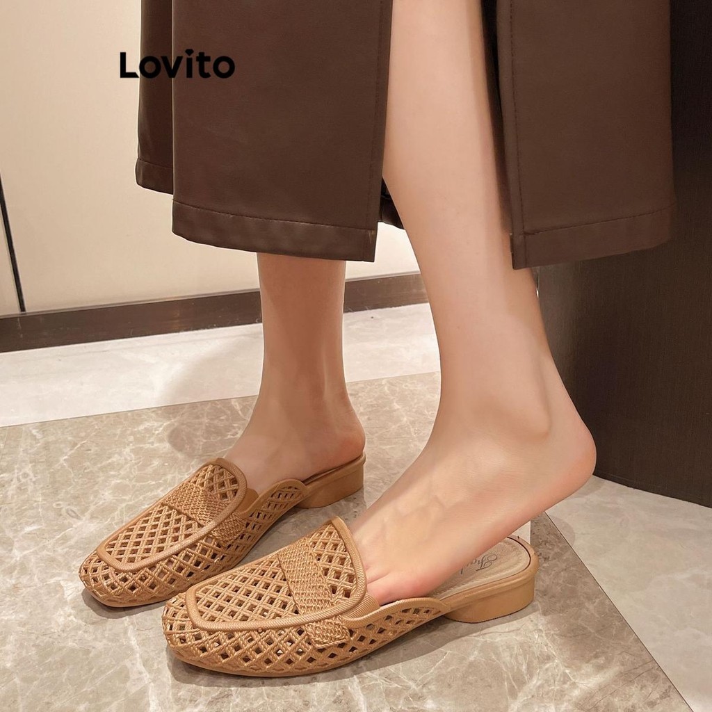 Lovito รองเท้าแตะส้นแบนกันลื่นพื้นนุ่มแบบเรียบง่ายสำหรับผู้หญิง LFA56356