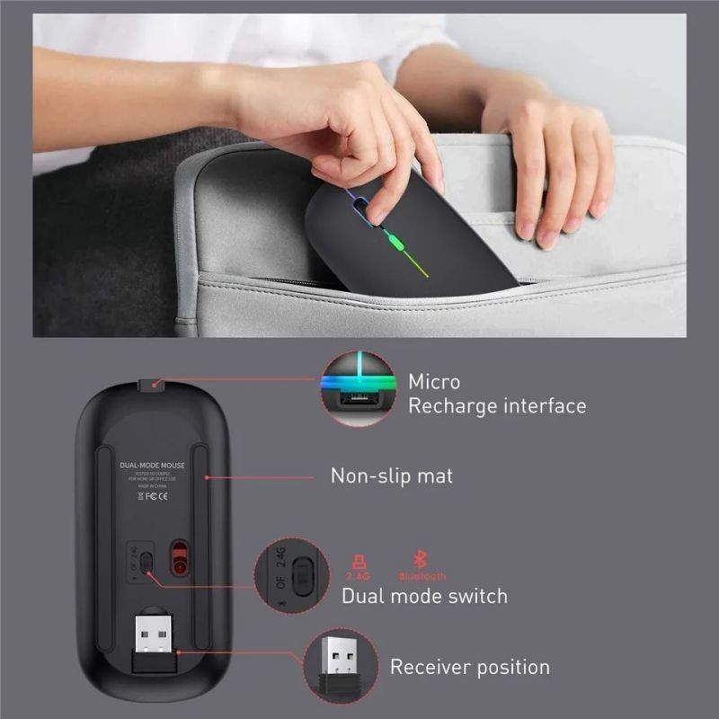 พร้อมสต็อก บลูทูธ + 2.4G + RGB Light ไร้สายชาร์จเมาส์เมาส์ Ultra-Thin Silent Mouse Mute สําหรับแล็ปท็อป PC คอมพิวเตอร์สํานักงาน P2