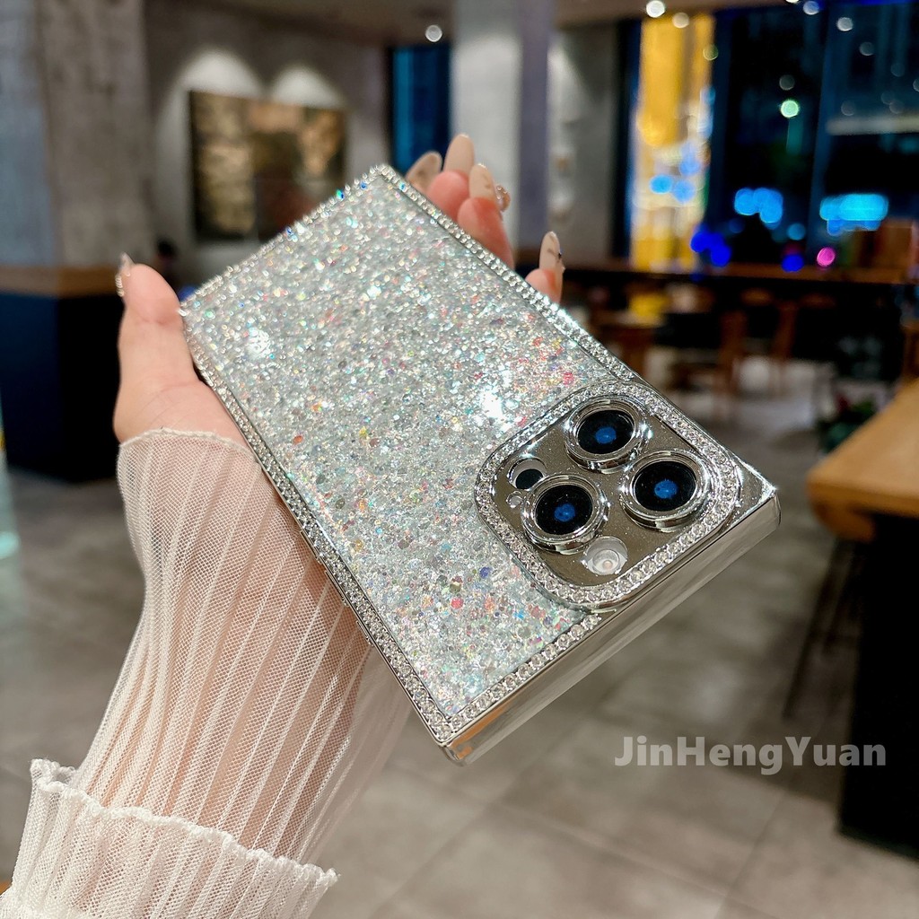 Square Electroplated Straight Edge Diamond Sparkling Glitter เคสโทรศัพท์สําหรับ IPhone 16 15 14 PLUS 13 Pro Max Anti Fall ฝาครอบป้องกันปลอก