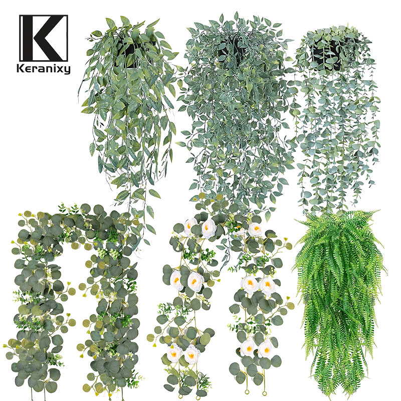 Keranixy เถาวัลย์ประดิษฐ์ พร้อมกระถางต้นไม้ ใบไม้ปลอม สีเขียว สําหรับแขวนตกแต่งบ้าน การตกแต่งสวน