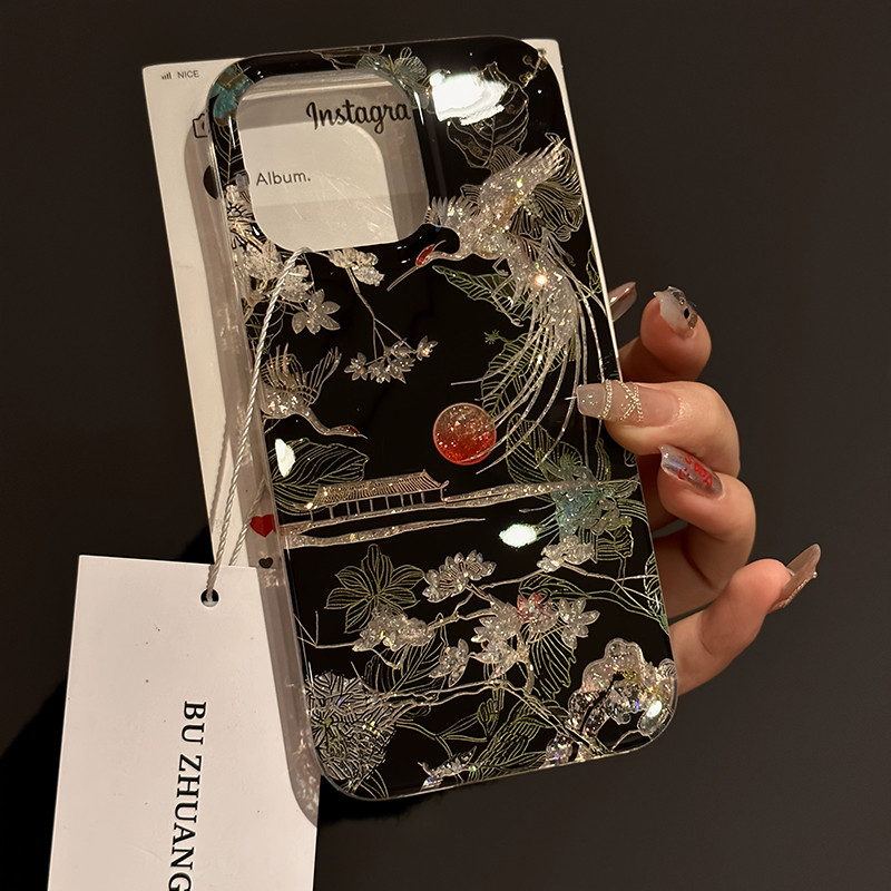 เคสโทรศัพท์สําหรับiPhone 16 17 Pro Max 11 12 13 14 15 16e XS XR X 7 8 16 Plusสไตล์จีนCraneรูปแบบฝาครอบ