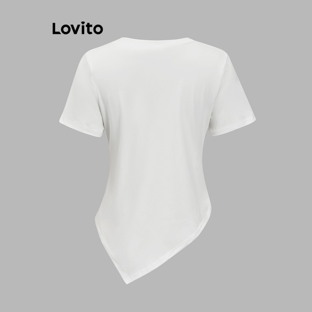 Lovito เสื้อยืดลําลองเสื้อยืดอสมมาตรธรรมดาสําหรับผู้หญิง LNA27003 (หลากสี) - รูปที่ 4