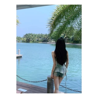 Hot 'พร้อมส่ง' เสื้อสายเดี่ยวขอบบัวใบไม่สม่ำเสมอสีฟ้าแขนกุดเปิดกลับท็อปส์ FY3038